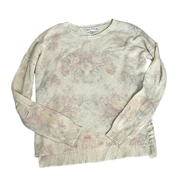 WILDFOX Sweater Top Pullover Cream Muted Pastel Floral Size Small DISTRESSED - Picture 3 of 9